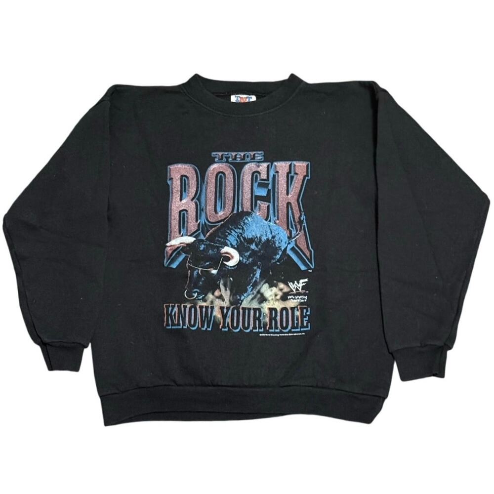 Vintage 90s WWF The Rock Know Your Role Sweatshirt Brahma Bull TNT Tag Youth L